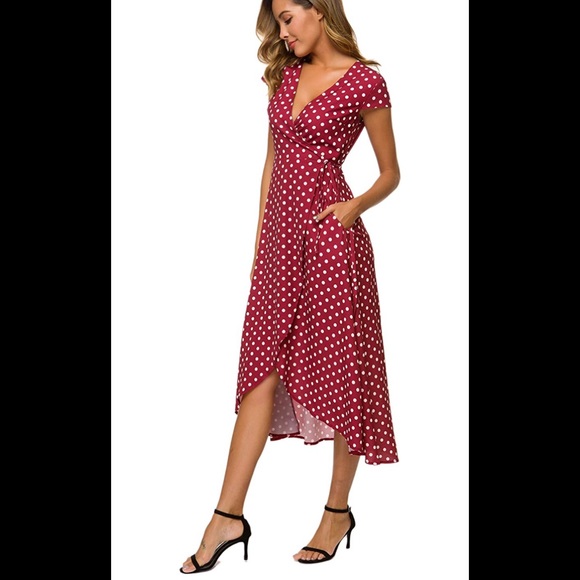 Summer V-Neck Wrap Polka Dot Maxi Beach Dress - Picture 2 of 6